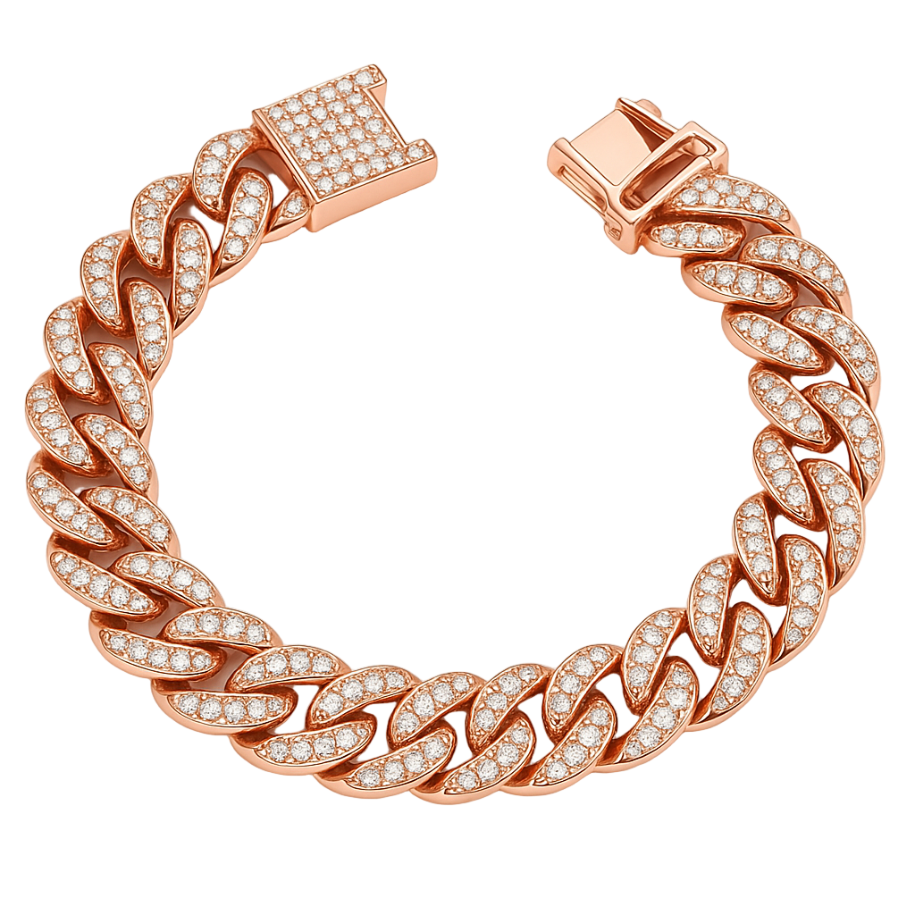 Rose gold bracelet with diamond accents on a white background