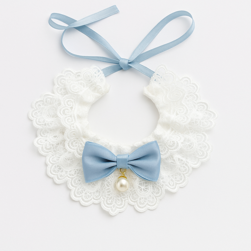 White lace collar with a blue bow and pearl on a white background