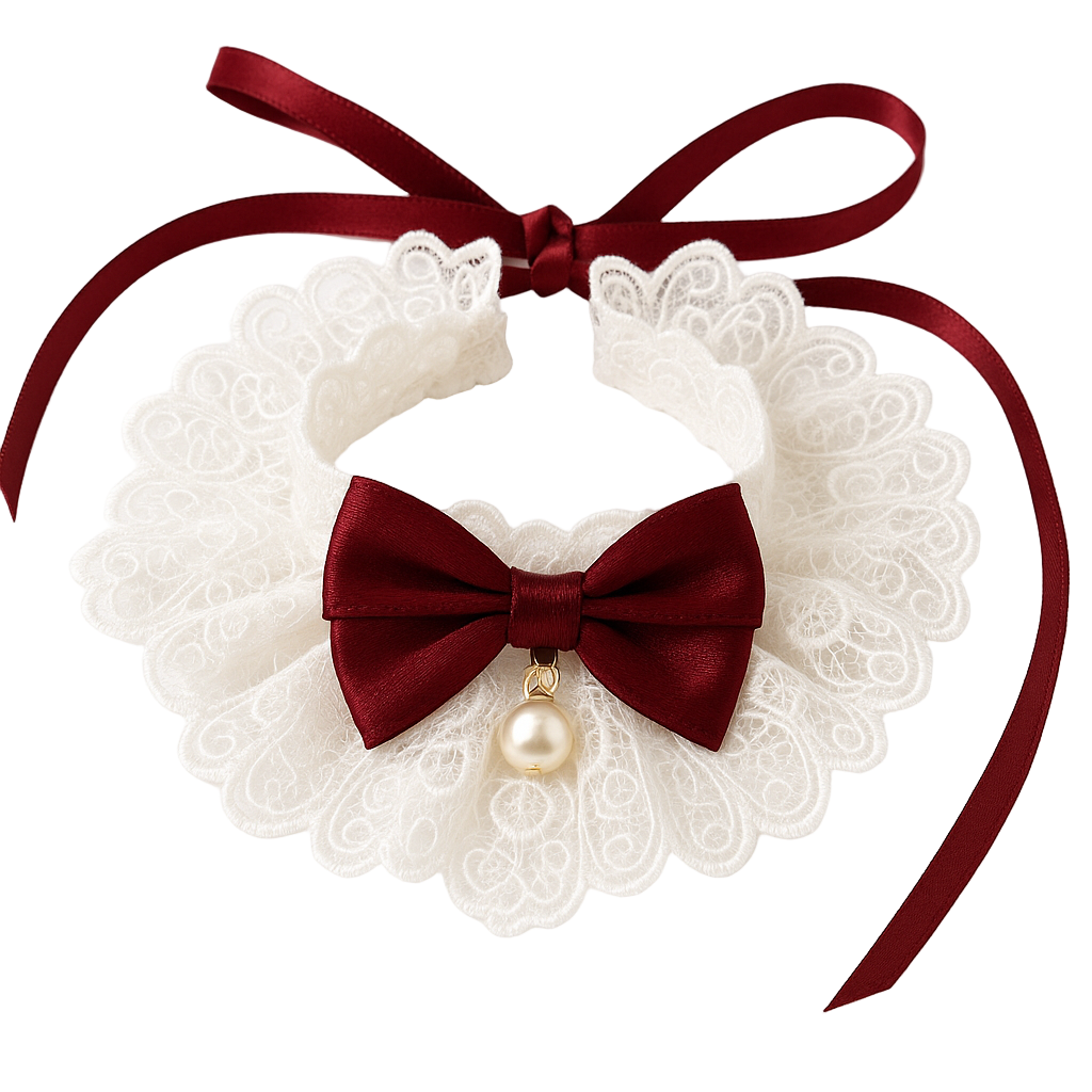 Lace collar with a red bow and pearl accent on a white background