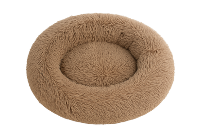 Brown fluffy pet bed on a white background