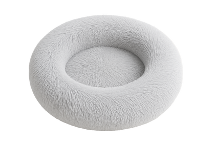 Fluffy gray donut pet bed on a white background