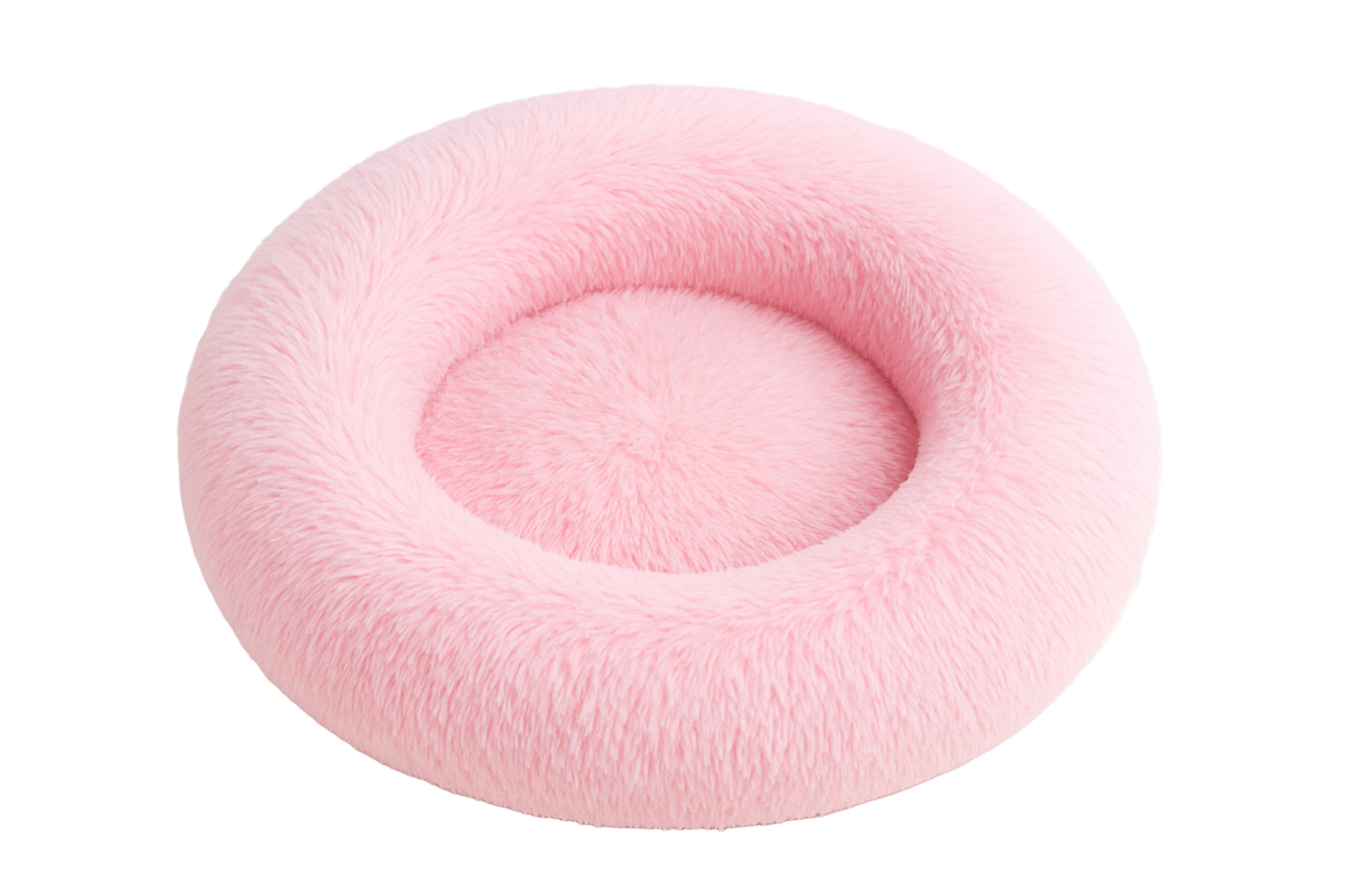 Pink fluffy donut-shaped pet bed on a white background