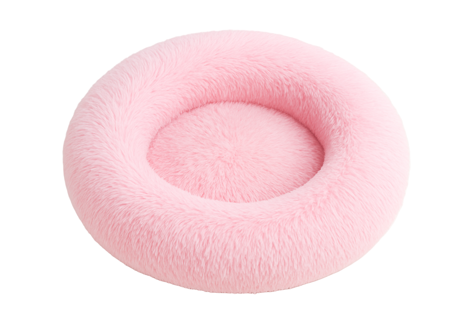 Pink fluffy donut-shaped pet bed on a white background