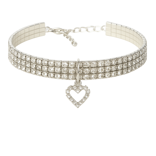 Silver choker necklace with heart charm on a white background