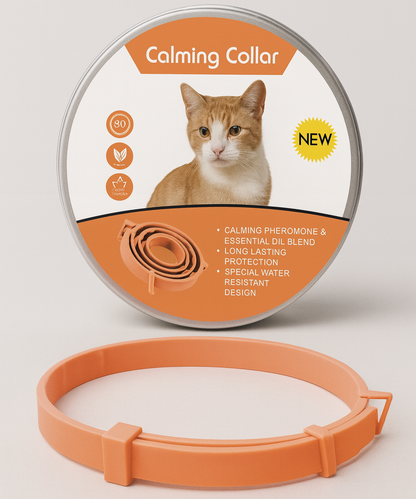 Cat calming collar packaging with a cat image on a light gray background