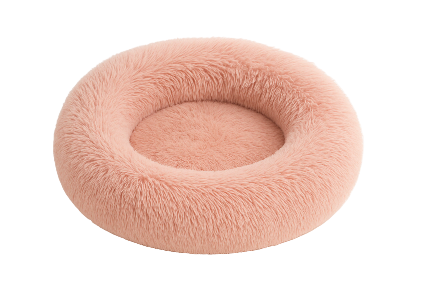 Pink fluffy donut pet bed on a white background