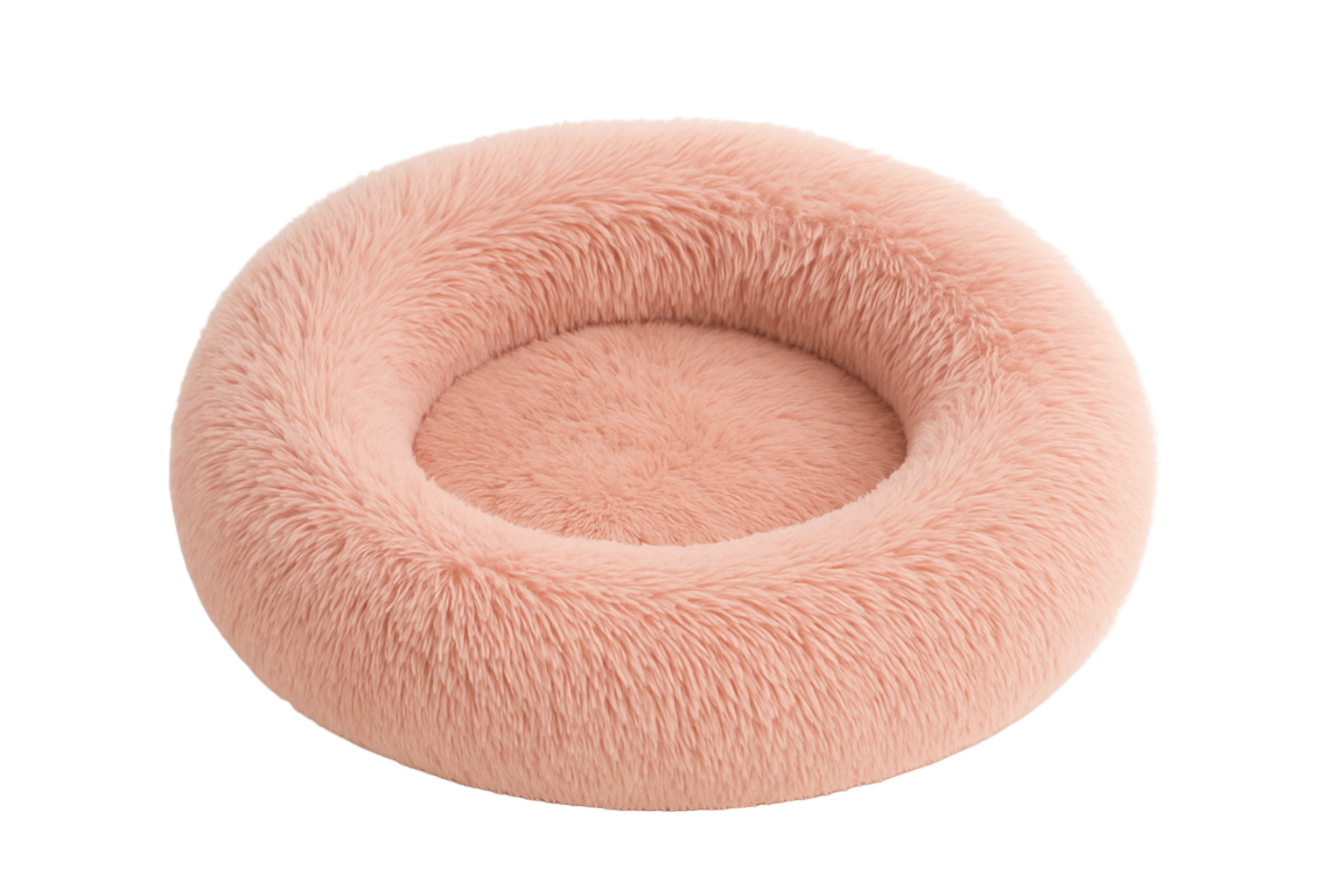 Pink fluffy donut pet bed on a white background