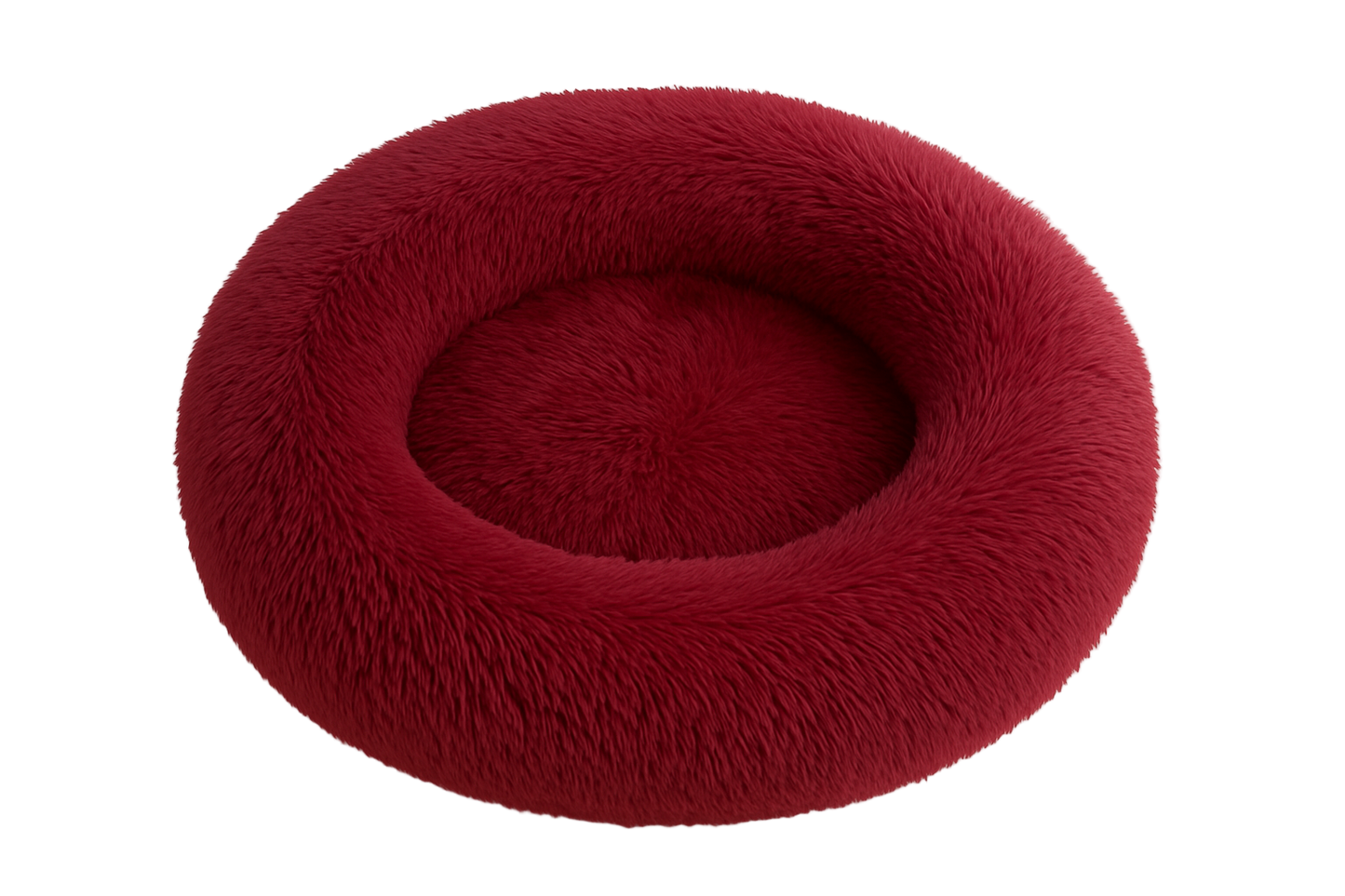 Red fluffy pet bed on a white background